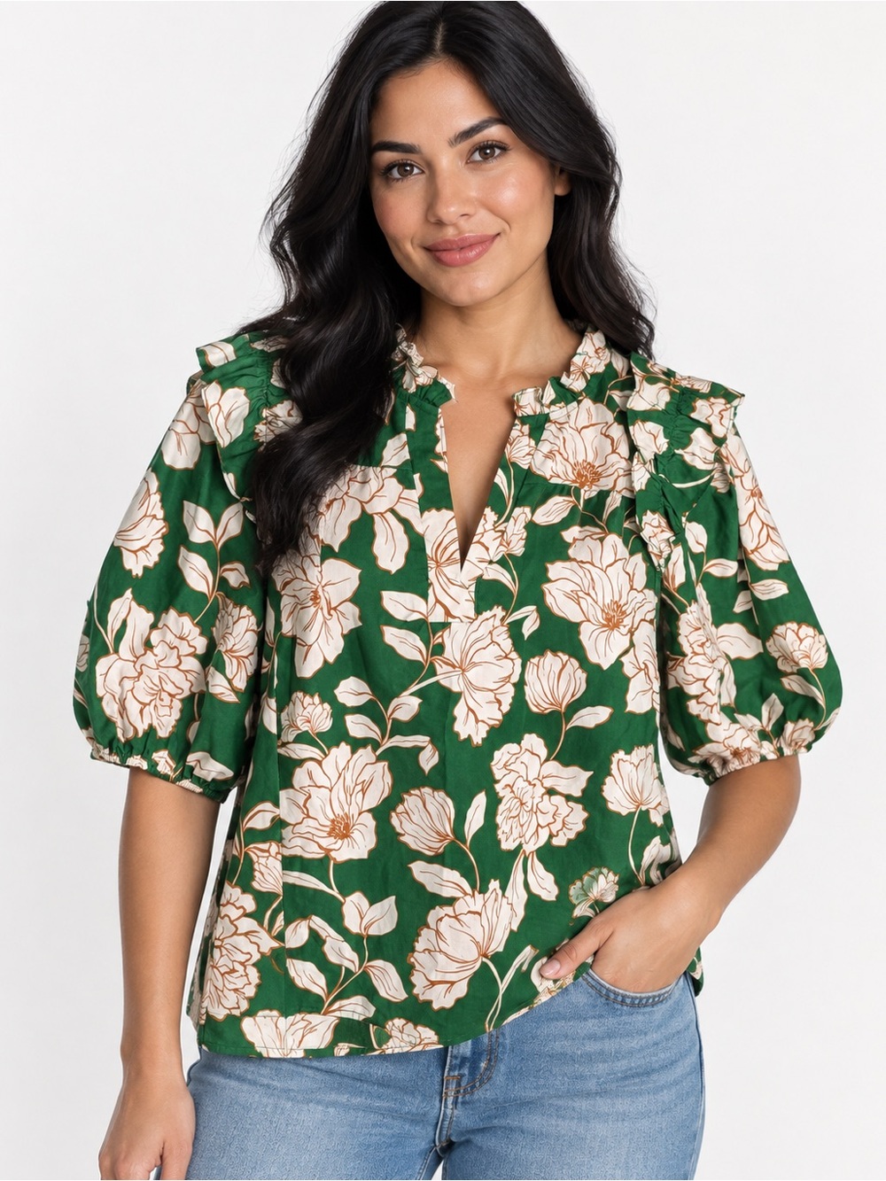 Sugarlips Women’s Floral Blouse Size S Green Cream Ruffle V-Neck Puff Sleeve
